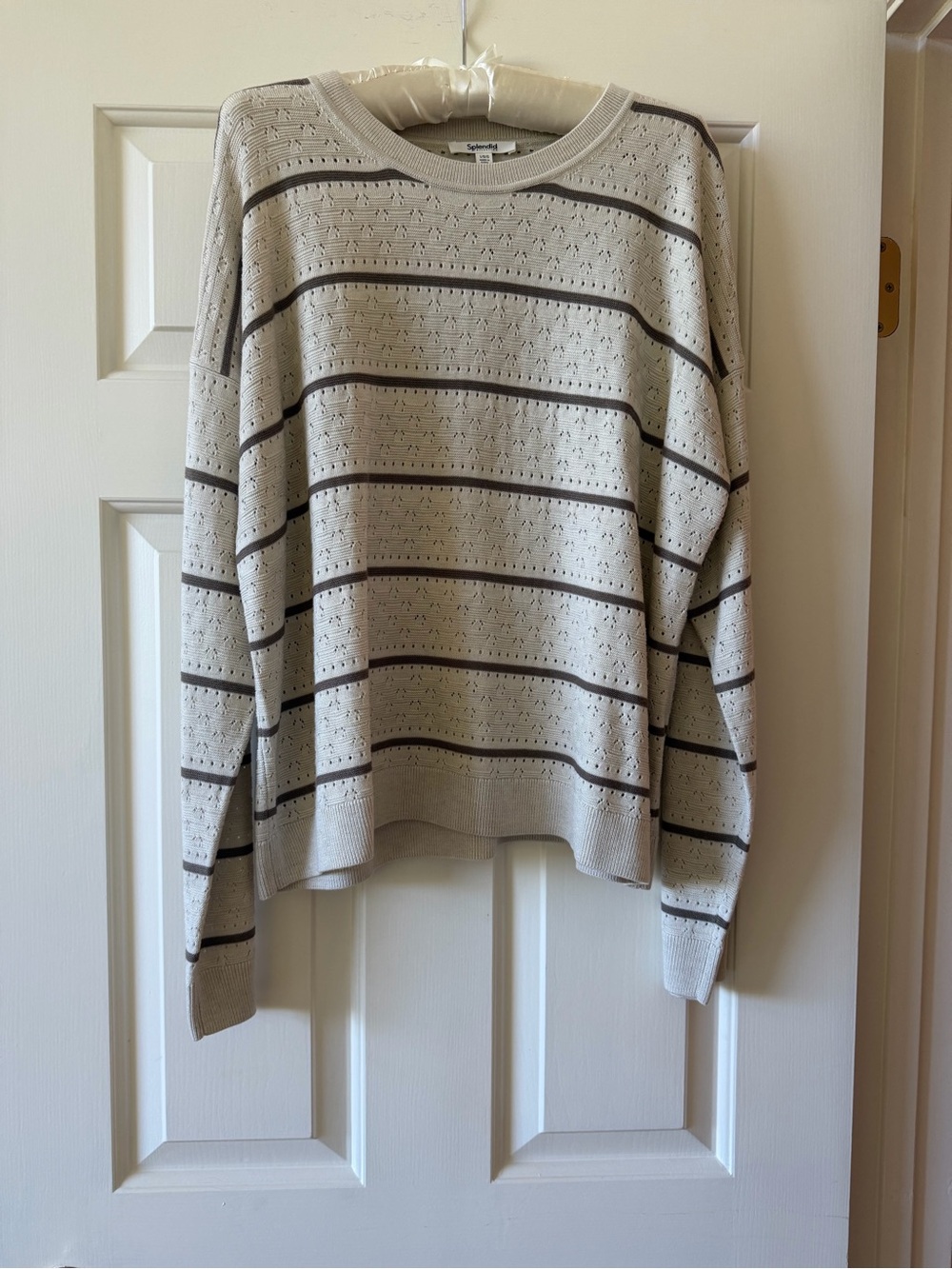 Splendid Splendid Cream Open-Knit Crewneck Sweater with Brown Stripes. Like New